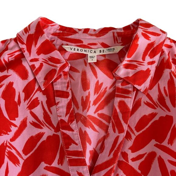 Veronica Beard Samy Red & Pink Poppy Floral Print Button Up Mini Shirt Dress 4 - Picture 3 of 12